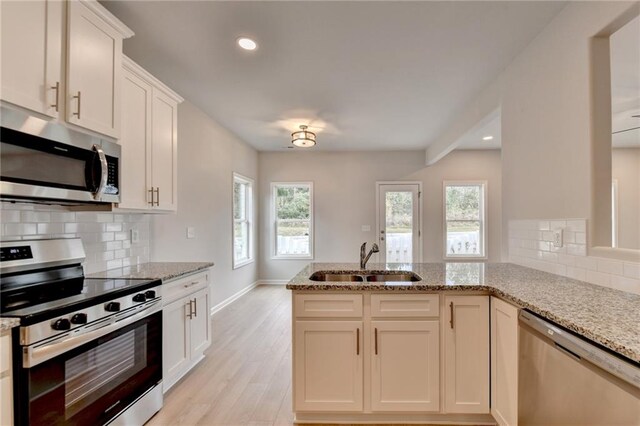 kitchen featuring light hardwood / wood-style floors, stainless steel appliances, sink, and a wealth of natural light