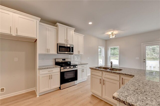 kitchen featuring tasteful backsplash, light stone countertops, light wood-type flooring, sink, and stainless steel appliances