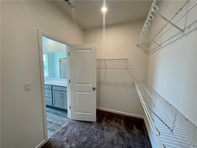 spacious closet with dark colored carpet