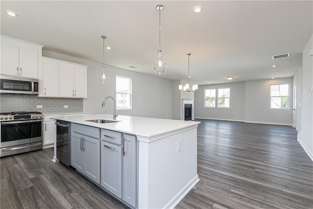 kitchen featuring sink, decorative backsplash, a center island with sink, white cabinets, and appliances with stainless steel finishes