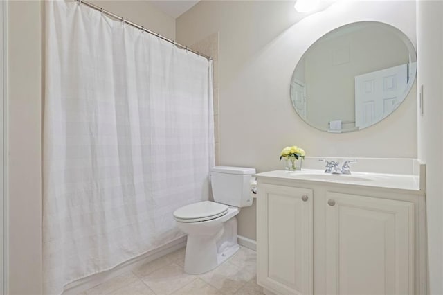 full bath featuring vanity, a shower with shower curtain, tile patterned floors, and toilet