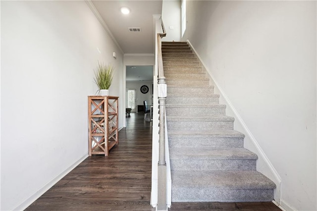 6004 Screech Owl Dr, Flowery Branch, GA 30542 - stairs featuring wood finished floors, ornamental molding, baseboards, and recessed lighting