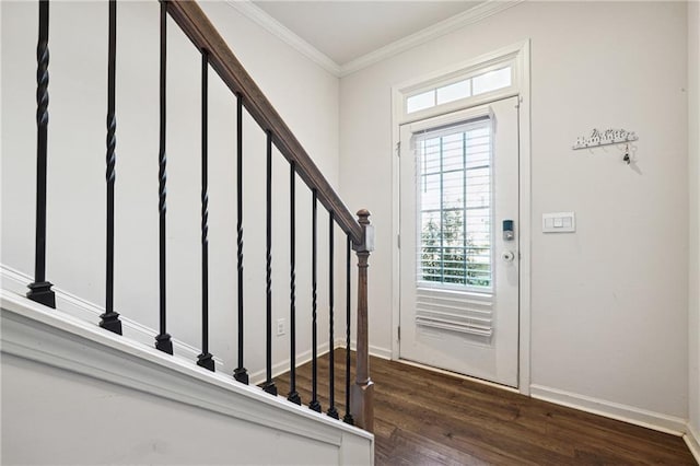 6004 Screech Owl Dr, Flowery Branch, GA 30542 - entryway featuring wood finished floors, stairs, ornamental molding, and baseboards