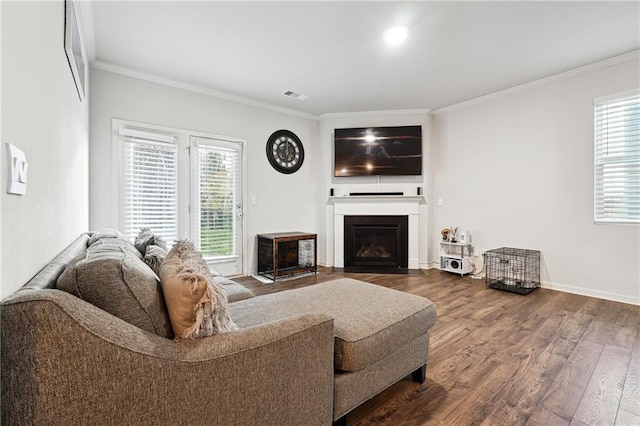 6004 Screech Owl Dr, Flowery Branch, GA 30542 - living room featuring crown molding, wood finished floors, a fireplace with flush hearth, plenty of natural light, and baseboards