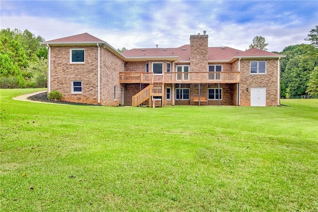 19 Quimby Jackson Rd, Newnan, GA 30263 - rear view of house with a wooden deck, stairs, a chimney, a lawn, and brick siding