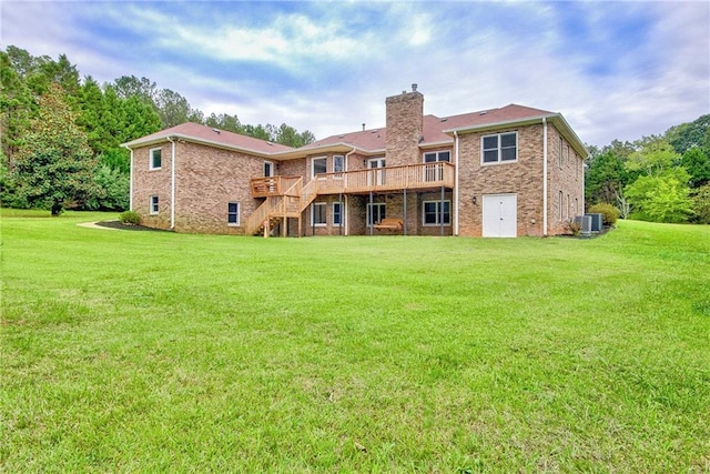 19 Quimby Jackson Rd, Newnan, GA 30263 - back of property featuring a wooden deck, a chimney, a yard, stairway, and brick siding
