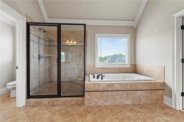 2602 Alcovy Club Dr, Dacula, GA 30019 - full bathroom featuring ornamental molding, a garden tub, a stall shower, and tile patterned flooring