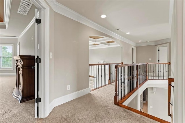 2602 Alcovy Club Dr, Dacula, GA 30019 - hall with carpet flooring, crown molding, recessed lighting, beamed ceiling, and an upstairs landing