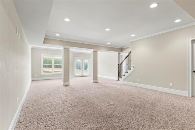 2602 Alcovy Club Dr, Dacula, GA 30019 - below grade area featuring ornamental molding, recessed lighting, light carpet, and stairs