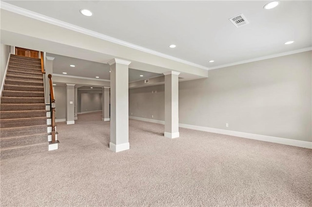 2602 Alcovy Club Dr, Dacula, GA 30019 - finished below grade area with recessed lighting, light carpet, stairway, and crown molding