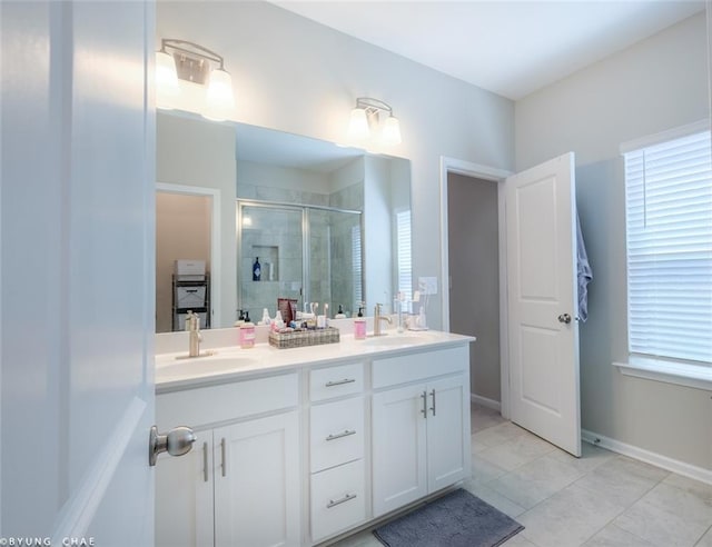 2247 Pink Hawthorn Dr, Buford, GA 30518 - full bath with double vanity, a shower stall, and tile patterned flooring
