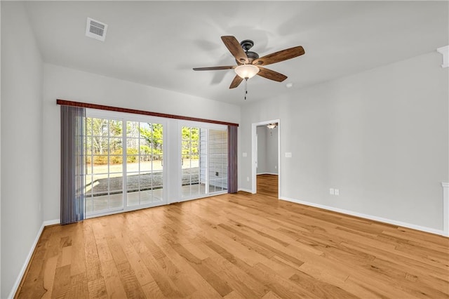 unfurnished room featuring ceiling fan and light hardwood / wood-style flooring