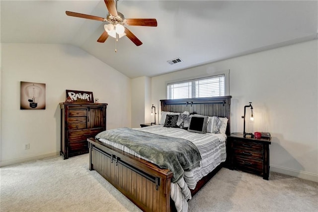 bedroom with light carpet, vaulted ceiling, and ceiling fan