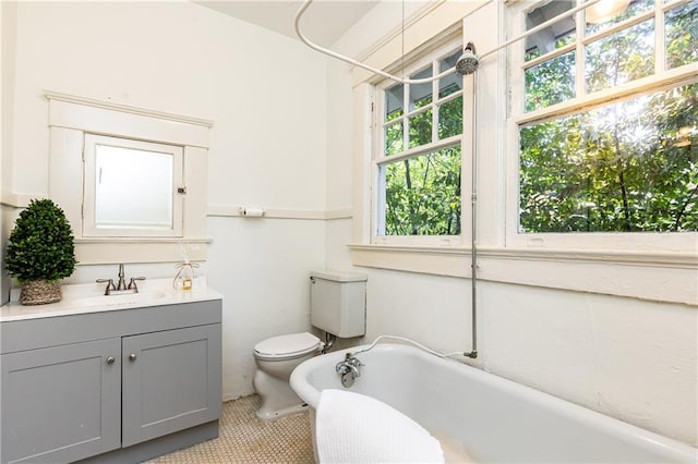 full bathroom featuring a soaking tub, toilet, and vanity