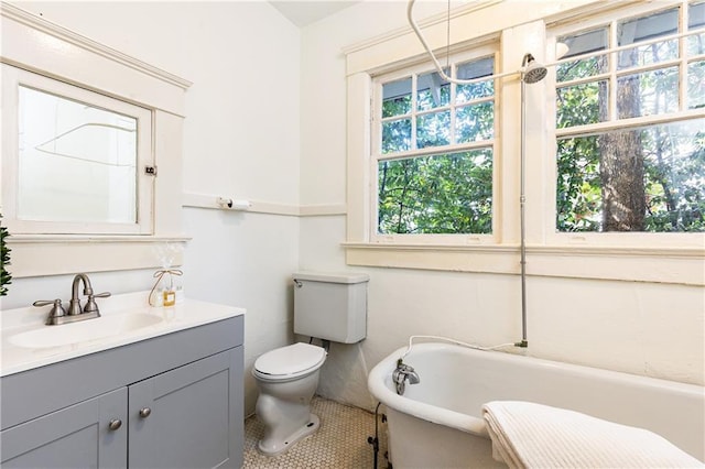 bathroom with vanity, a freestanding tub, and toilet