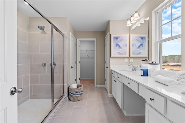 2505 Dixon Pl, Lawrenceville, GA 30045 - bathroom featuring a shower stall, vanity, plenty of natural light, and a spacious closet