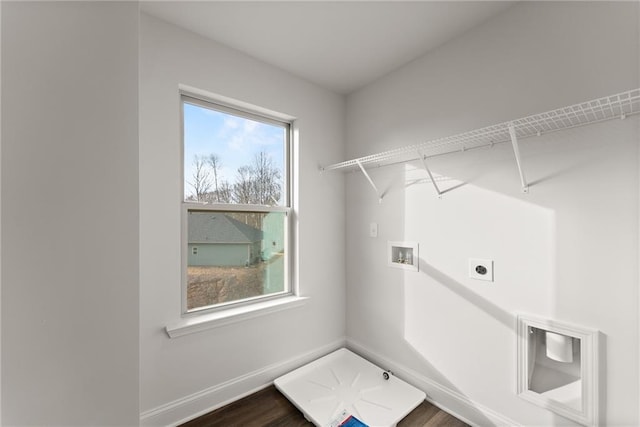 washroom featuring laundry area, electric dryer hookup, washer hookup, and dark wood-style floors
