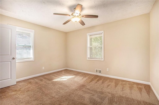 carpeted spare room with ceiling fan, a healthy amount of sunlight, and a textured ceiling