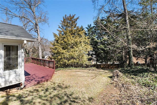 view of yard featuring a wooden deck and fence