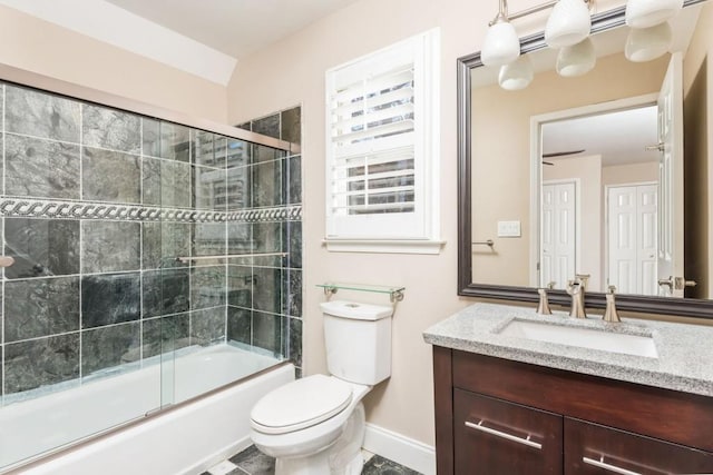 full bathroom featuring vanity, toilet, enclosed tub / shower combo, and lofted ceiling