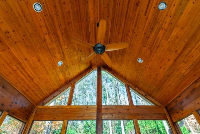 room details with ceiling fan and wood ceiling