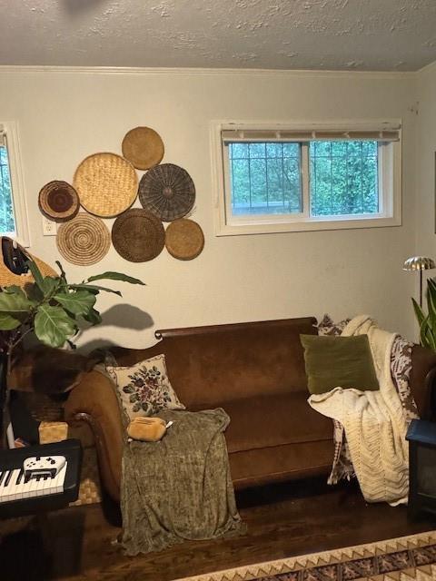 2620 Northview Ave, Decatur, GA 30032 - living area with wood finished floors, crown molding, and a textured ceiling