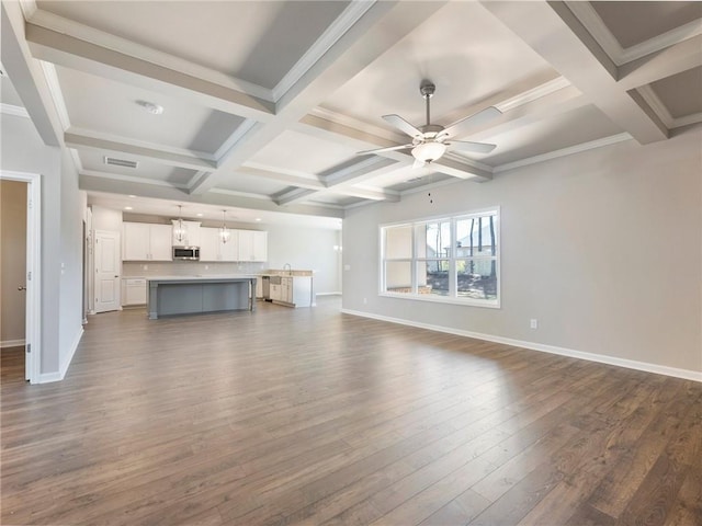 632 Eagles Nest Cir, Auburn, GA 30011 - unfurnished living room with a ceiling fan, visible vents, coffered ceiling, beam ceiling, and dark wood-style floors