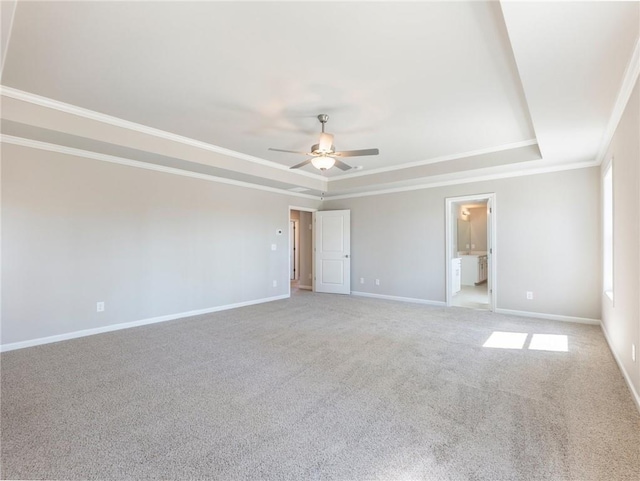 632 Eagles Nest Cir, Auburn, GA 30011 - interior space with ceiling fan, a raised ceiling, light colored carpet, baseboards, and ornamental molding