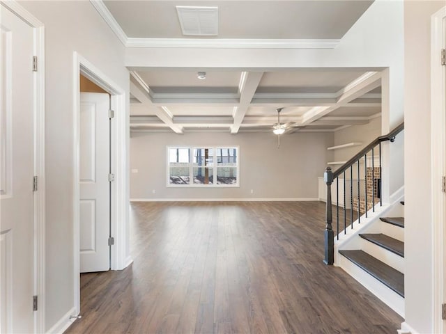632 Eagles Nest Cir, Auburn, GA 30011 - interior space featuring visible vents, coffered ceiling, dark wood-style flooring, a ceiling fan, and stairs