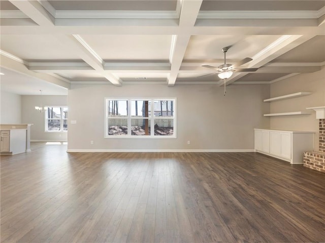632 Eagles Nest Cir, Auburn, GA 30011 - unfurnished living room featuring beamed ceiling, dark wood-style flooring, and ceiling fan with notable chandelier