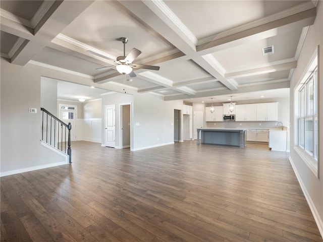 632 Eagles Nest Cir, Auburn, GA 30011 - unfurnished living room featuring ceiling fan, visible vents, coffered ceiling, beam ceiling, and dark wood-style floors