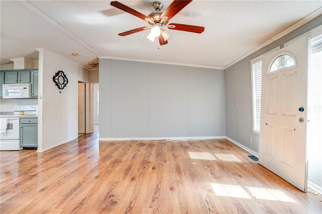 entryway featuring ceiling fan, light hardwood / wood-style floors, and crown molding