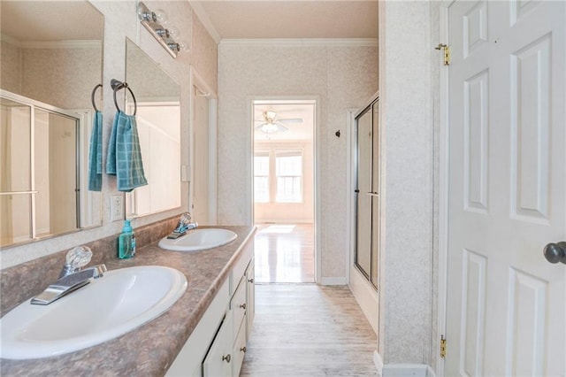 bathroom featuring vanity with extensive cabinet space, ceiling fan, hardwood / wood-style flooring, a shower with shower door, and double sink