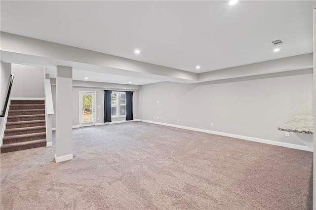 5153 Elkins Ln, Acworth, GA 30101 - below grade area featuring carpet flooring, recessed lighting, and stairway
