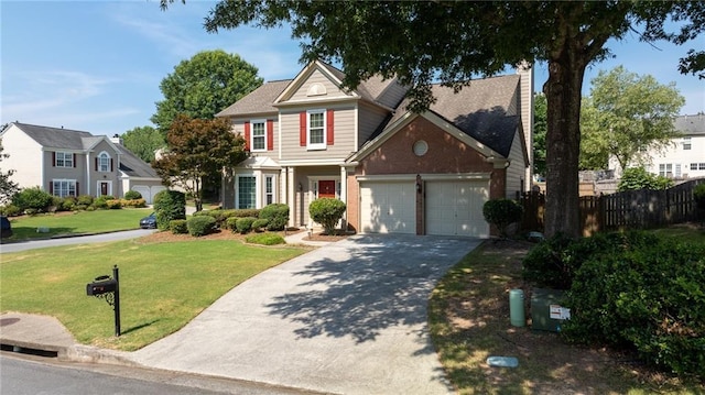 view of front of house featuring fence, driveway, an attached garage, a chimney, and a front lawn