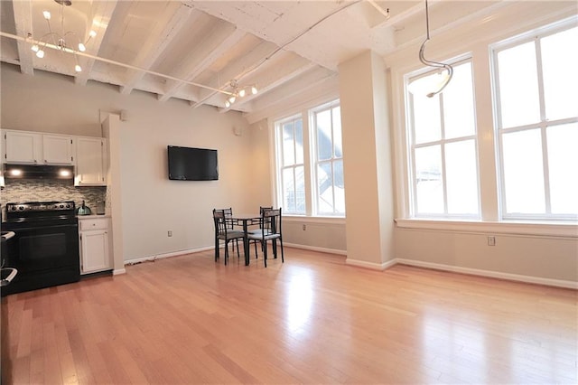 kitchen featuring white cabinetry, tasteful backsplash, decorative light fixtures, electric range, and beamed ceiling