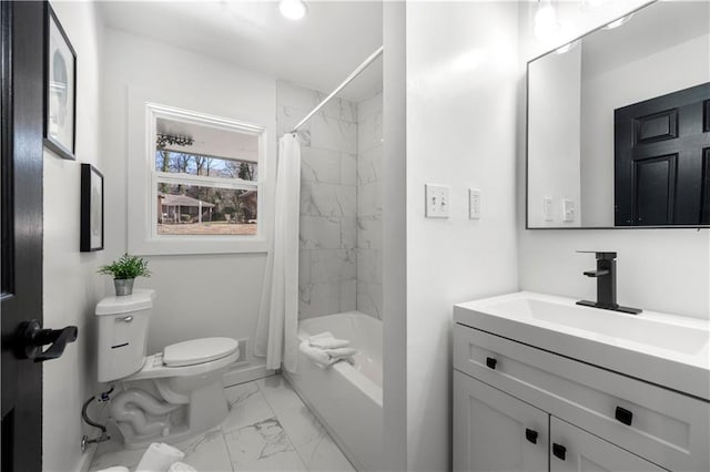 full bathroom with vanity, shower / bath combination with curtain, and toilet