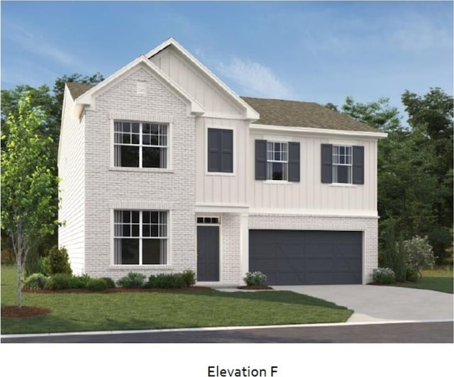 view of front of home with brick siding, board and batten siding, a front lawn, a garage, and driveway