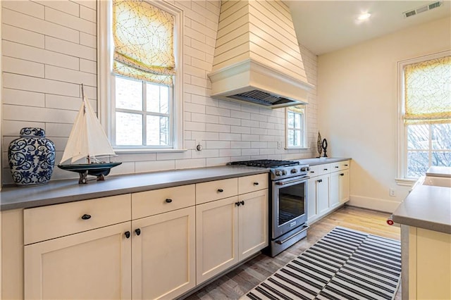 2067 Telfair Cir Unit A & B, Atlanta, GA 30324 - kitchen with stainless steel range with gas stovetop, custom range hood, decorative backsplash, light wood-style flooring, and baseboards
