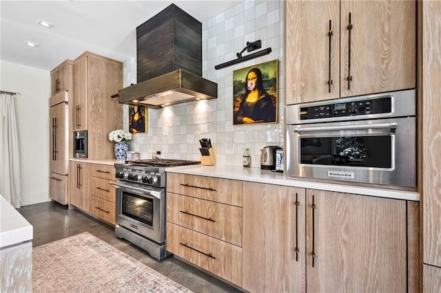 2067 Telfair Cir Unit A & B, Atlanta, GA 30324 - kitchen with high quality appliances, light brown cabinets, wall chimney exhaust hood, decorative backsplash, and concrete flooring