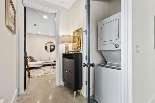 2067 Telfair Cir Unit A & B, Atlanta, GA 30324 - laundry area with stacked washing machine and dryer, baseboards, and recessed lighting