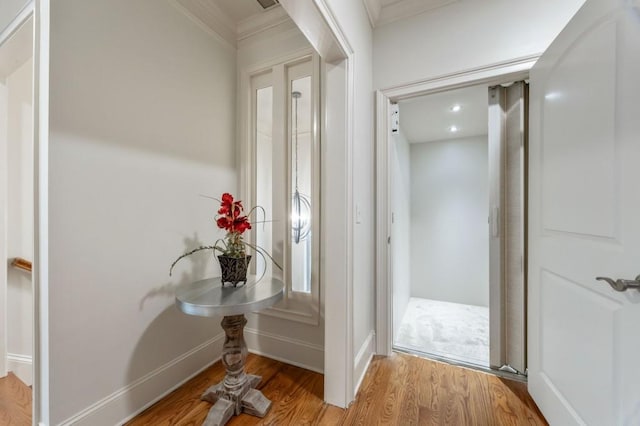 interior space with hardwood / wood-style floors and crown molding