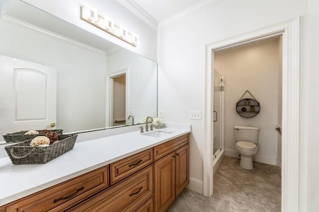 bathroom with crown molding, toilet, vanity, and walk in shower