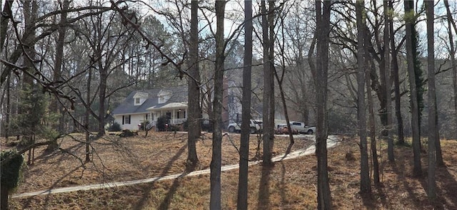 view of yard featuring dirt driveway and covered porch