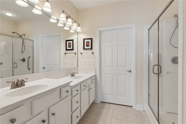 bathroom with tile patterned floors, vanity, and walk in shower