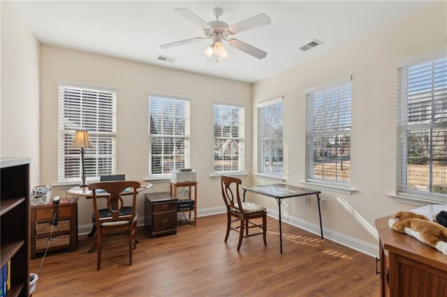 office featuring hardwood / wood-style floors, a wealth of natural light, and ceiling fan