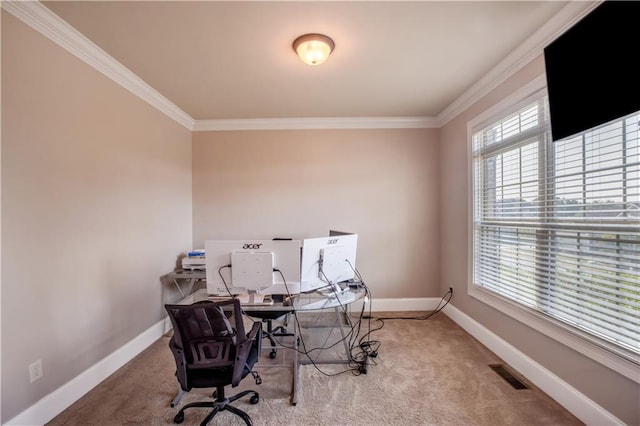 carpeted office with ornamental molding and plenty of natural light