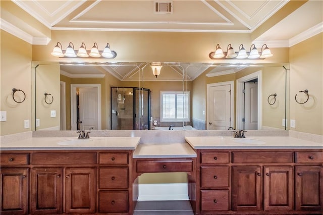 bathroom with an enclosed shower and vanity