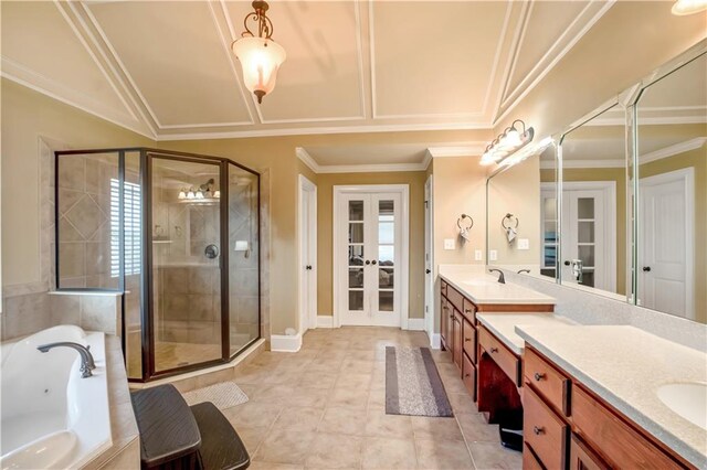 bathroom featuring vanity, ornamental molding, french doors, shower with separate bathtub, and tile patterned flooring