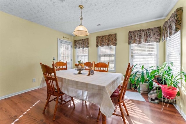 dining room with a textured ceiling, baseboards, and wood finished floors